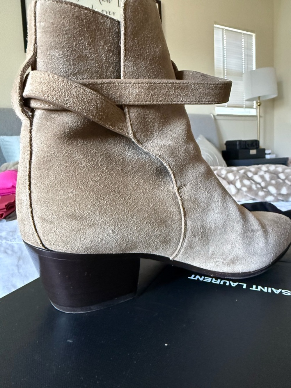 Saint Laurent Taupe Suede Ankle Boots with Buckle Strap - Picture 3 of 15